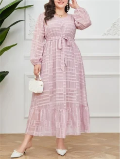 Women's Plus Size Prom Dress Party Dress Wedding Guest Dress Long Dress Maxi Dress Pink Long Sleeve Pure Color Lace Up Fall Winter Autumn Crew Neck Fashion Winter Dress Evening Party Wedding Guest -HANs Plus Size Style Shop cpmmdn1693535314671