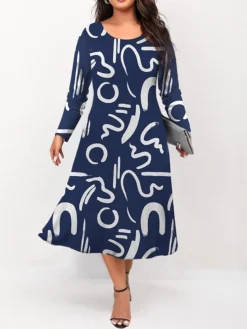 Women's Plus Size Curve Casual Dress Skater Dress A Line Dress Letter Midi Dress Long Sleeve Print Crew Neck Fashion Outdoor Blue Green Fall Winter L XL XXL 3XL 4XL