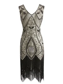 Women's Retro 1920s Fringe Dress Midi Dress Party Halloween Sequins Tassel Fringe Leaf V Neck Sleeveless Regular Fit Spring Fall 2023 Black Wine S M L XL -HANs Plus Size Style Shop cppftx1692948655458