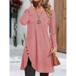 Women's Casual Dress Plain Dress Mini Dress Button Outdoor Daily Going Out Active Fashion Crew Neck Long Sleeve 2023 Regular Fit Black Pink Red Color S M L XL XXL Size -HANs Plus Size Style Shop cpwkbs1694675777928