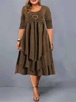 Women‘s Plus Size Curve Flattering Dresses Apple Shaped Dress Wedding Guest Casual Dress Shift Dress Solid Color Midi Dress Long Sleeve Ruffle Pocket Crew Neck Basic Daily Pink Wine Fall Spring Dress -HANs Plus Size Style Shop cpxatv1673504421096