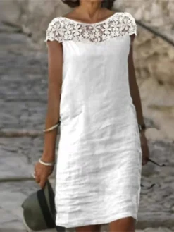 Women's Casual Dress Lace Dress Summer Dress Plain Lace Crew Neck Mini Dress Fashion Streetwear Outdoor Daily Short Sleeve Loose Fit White Summer Spring S M L XL XXL
