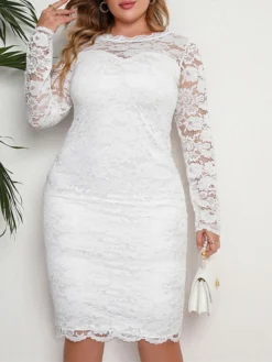 Women‘s Plus Size Curve Party Dress Lace Dress Sheath Dress Solid Color Midi Dress Long Sleeve Lace Crew Neck Modern Party White Summer Spring XL XXL 3XL 4XL 5XL