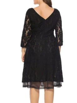 Women's Plus Size Curve Party Dress Lace Dress Solid Color Midi Dress 3/4 Length Sleeve Lace Patchwork Crew Neck Fashion Wedding Black Spring Fall XL XXL 3XL 4XL 5XL -HANs Plus Size Style Shop cqacaa1693533328337