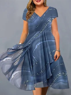 Women‘s Plus Size Curve Casual Dress Color Gradient V Neck Short Sleeve Spring Fall Casual Midi Dress Daily Vacation Dress