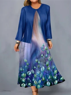 Women's Christmas Plus Size Curve Casual Dress Dress Set Two Piece Dress Floral Midi Dress Long Sleeve Print Crew Neck Fashion Outdoor Wine Blue Fall Winter L XL XXL 3XL 4XL -HANs Plus Size Style Shop cqiqfo1697170158339