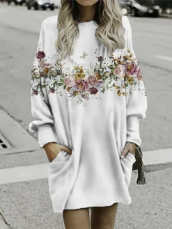 Women's Casual Dress Sweatshirt Dress Mini Dress Warm Fashion Outdoor Holiday Vacation Crew Neck Pocket Print Floral Loose Fit Black White Pink S M L XL XXL