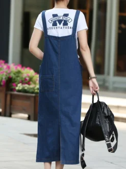 Women's Denim Dress Denim Overall Pinafore Dress Maxi Long Dress Denim Basic Casual Daily Holiday Vacation Square Neck Pocket Split Sleeveless Summer Spring Fall 2023 Regular Fit Blue Pure Color S M -HANs Plus Size Style Shop cqznej1653635946340