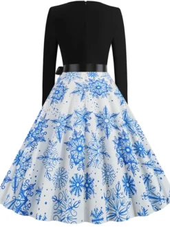 Women's Christmas Swing Dress Vintage DressKnee Length Dress Green Blue Wine Light Red Dark Green Red Long Sleeve Floral Snowman Tree Bow Print Fall Winter V Neck Vintage Fashion Casual 2022 S M L -HANs Plus Size Style Shop crgqwj1663152094354