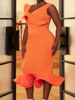 Women's Plus Size Curve Party Dress Bodycon Sheath Dress Plain Midi Dress Sleeveless Ruffle V Neck Fashion Party Orange Spring Fall XL XXL 3XL 4XL -HANs Plus Size Style Shop crrkzs1694165777734