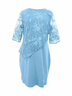 Women's Plus Size Party Dress Lace Dress Cocktail Dress Midi Dress Pink Blue Green 3/4 Length Sleeve Pure Color Lace Spring Fall Winter Crew Neck Fashion Winter Dress Wedding Guest Vacation 2023 L XL -HANs Plus Size Style Shop csbncv1693806682232