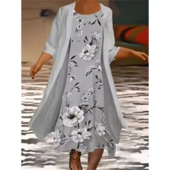 Women's Plus Size Curve Two Piece Dress Floral Round Neck Print 3 4 Length Sleeve Spring Summer Work Casual Midi Dress Casual Daily Dress