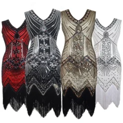 Women's Retro 1920s Fringe Dress Midi Dress Party Halloween Sequins Tassel Fringe Floral V Neck Sleeveless Regular Fit Spring Fall 2023 Black White S M L XL