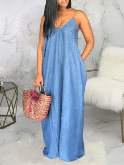 Women's Denim Dress Casual Dress Shift Dress Maxi Long Dress Denim Fashion Casual Outdoor Daily Spaghetti Strap Backless Pocket Sleeveless Summer Spring 2023 Regular Fit Blue Plain S M L XL 2XL