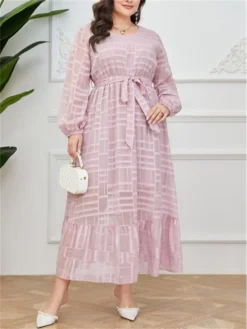 Women's Plus Size Prom Dress Party Dress Wedding Guest Dress Long Dress Maxi Dress Pink Long Sleeve Pure Color Lace Up Fall Winter Autumn Crew Neck Fashion Winter Dress Evening Party Wedding Guest