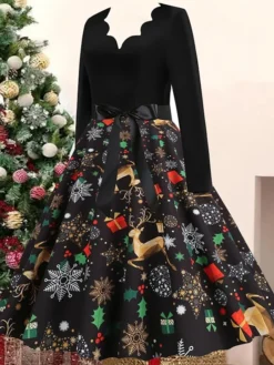 Women's Christmas Casual Dress Swing Dress Vintage Dress Midi Dress Black Wine Orange Long Sleeve Animal Bow Winter Fall Autumn V Neck 2022 S M L XL XXL 3XL -HANs Plus Size Style Shop ctclwj1668072726812