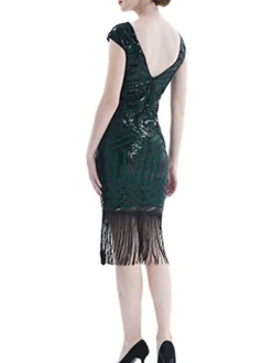 Women's Retro 1920s Fringe Dress Midi Dress Party Halloween Sequins Tassel Fringe Geometric V Neck Short Sleeve Regular Fit Spring Fall 2023 Silver Pink S M L XL -HANs Plus Size Style Shop ctfbkw1693212358493