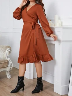 Women's Plus Size Curve Party Dress Wedding Guest Dress Semi Formal Dress Midi Dress Brown Long Sleeve Pure Color Ruffle Spring Fall Winter V Neck Fashion Winter Dress Office Evening Party XL XXL 3XL -HANs Plus Size Style Shop ctlezw1692946548486