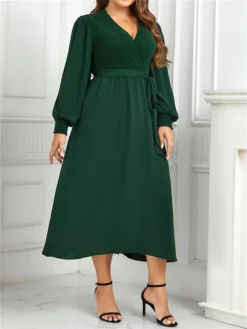 Women's Plus Size Curve Party Dress Winter Dress Sheath Dress Plain Midi Dress Long Sleeve Lace Up Ruched V Neck Fashion Party Green Fall Winter XL XXL 3XL 4XL -HANs Plus Size Style Shop ctluea1695031565917 1