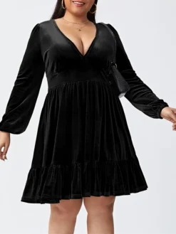 Women‘s Plus Size Curve Party Dress Velvet Dress Cocktail Dress Mini Dress Black Wine Royal Blue Long Sleeve Pure Color Ruched Spring Fall Winter V Neck Fashion Birthday Wedding Guest Vacation 2023 -HANs Plus Size Style Shop ctoitd1692176735803