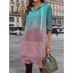 Women's Casual Dress Hoodie Dress Winter Dress Ombre Button Print Hooded Mini Dress Fashion Streetwear Outdoor Daily Long Sleeve Regular Fit Pink Red Fall Winter S M L XL XXL