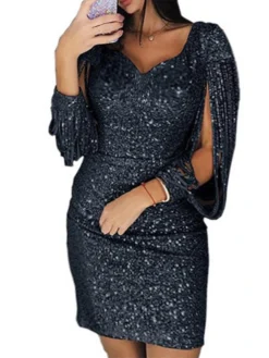 Women‘s Plus Size Curve Party Dress Solid Color V Neck Sequins Long Sleeve Fall Spring Formal Casual Sequins Short Mini Dress Casual Daily Dress Cotton Sequin Dress Homecoming Dress -HANs Plus Size Style Shop ctwstd1645172205276