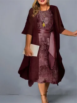 Women‘s Plus Size Curve Casual Dress Dress Set Two Piece Dress Floral Midi Dress 3/4 Length Sleeve Crew Neck Fashion Daily Pink Wine Summer Spring L XL XXL 3XL 4XL -HANs Plus Size Style Shop ctyyrp1678845337370