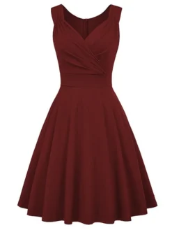 Women‘s Christmas Party Dress Swing Dress Green Dress Midi Dress Black White Wine Sleeveless Pure Color Ruched Summer Spring Fall V Neck Party Party Wedding Guest 2022 S M L XL XXL -HANs Plus Size Style Shop cuamkp1635432107339