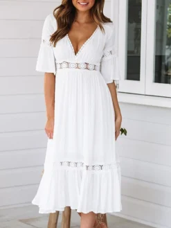 Women's Casual Dress Swing Dress Summer Dress Plain Ruffle V Neck Midi Dress Basic Fashion Outdoor Daily Half Sleeve Loose Fit White Spring Summer S M L XL -HANs Plus Size Style Shop cubkvd1673432783359