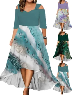 Women‘s Plus Size Curve Casual Dress Graphic Floral Long Dress Maxi Dress Half Sleeve Print V Neck Fashion Daily Blue Dark Green Summer Spring L XL XXL 3XL 4XL