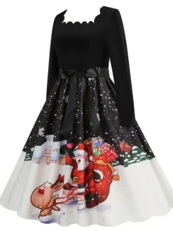 Women's Christmas Vintage Dress Midi Dress Black And White Green Black Long Sleeve Santa Claus Bow Winter Fall Autumn Square Neck Stylish Christmas Vacation 2022 S M L XL XXL 3XL -HANs Plus Size Style Shop cuwwui1667637303321