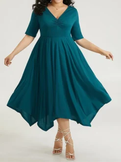 Women's Plus Size Curve Casual Dress Swing Dress A Line Dress Plain Midi Dress Half Sleeve Ruched Pocket V Neck Fashion Daily Dark Green Spring Fall L XL 2XL 3XL 4XL