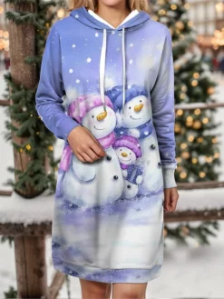 Women's Christmas Dress Hoodie Dress Mini Dress Warm Fashion Outdoor Christmas Holiday Hoodie Print Snowman Loose Fit Blue S M L XL XXL