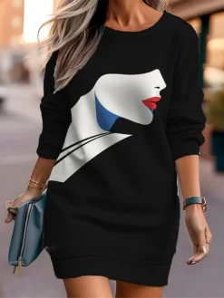 Women's Casual Dress Sweatshirt Dress Mini Dress Warm Fashion Outdoor Vacation Going Out Crew Neck Print Print Loose Fit Black White Red S M L XL XXL -HANs Plus Size Style Shop cvaltc1694596722540