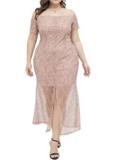 Women's Plus Size Prom Dress Party Dress Lace Dress Long Dress Maxi Dress Pink Short Sleeve Pure Color Lace Summer Spring Fall Off Shoulder Fashion Wedding Guest Birthday Evening Party 2023 XL XXL