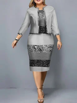 Women's Plus Size Curve Casual Dress Dress Set Two Piece Dress Gradient Stripe Midi Dress Long Sleeve Print Crew Neck Fashion Outdoor Pink Blue Fall Winter L XL XXL 3XL 4XL -HANs Plus Size Style Shop cvnuop1695362842766