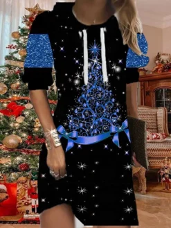 Women's Christmas Hoodie Dress Shift Dress Mini Dress Green Blue Purple Long Sleeve Christmas Tree Print Fall Spring Hooded Fashion Christmas Daily Loose Fit 2022 S M L XL XXL 3XL -HANs Plus Size Style Shop cvsvbe1667635996166