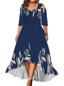 Women‘s Plus Size Curve Party Dress Wedding Guest Dress Swing Dress Long Dress Maxi Dress Pink Blue Green 3/4 Length Sleeve Leaf Cold Shoulder Summer Spring Fall V Neck Fashion Birthday Wedding Guest -HANs Plus Size Style Shop cvwpsb1690280984176