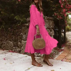 Women's Casual Dress Midi Dress White Red Dark Blue 3/4 Length Sleeve Pure Color Ruched Summer Spring V Neck Casual Loose Fit 2023 S M L XL XXL -HANs Plus Size Style Shop cwecwn1649409324039