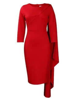 Women‘s Plus Size Curve Work Dress Bodycon Sheath Dress Solid Color Midi Dress Long Sleeve Crew Neck Fashion Outdoor White Red Fall Spring L XL XXL 3XL -HANs Plus Size Style Shop cwqfcj1676871089572