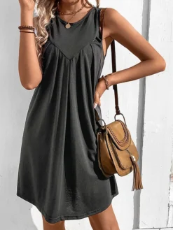 Women's Casual Dress Tank Dress Summer Dress Mini Dress Ruched Outdoor Daily Date Fashion Streetwear Crew Neck Sleeveless 2023 Regular Fit Black Wine Navy Blue Color S M L XL Size -HANs Plus Size Style Shop cwqpdd1686045529938
