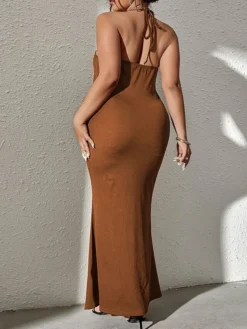 Women's Plus Size Curve Party Dress Wedding Guest Dress Bodycon Long Dress Maxi Dress Brown Long Sleeve Pure Color Backless Fall Winter Autumn Halter Neck Fashion Wedding Guest Vacation XL XXL 3XL -HANs Plus Size Style Shop cwqsrb1692165955397