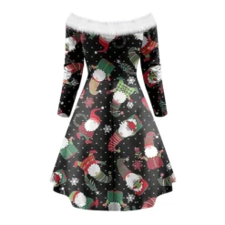 Women's Christmas Swing Dress Vintage Dress Mini Dress Green Light Green Wine Red Navy Blue White Long Sleeve Snowman Tree Snowflake Backless Feather Print Winter Fall Off Shoulder Vacation Stylish -HANs Plus Size Style Shop cwssvu1666597247793