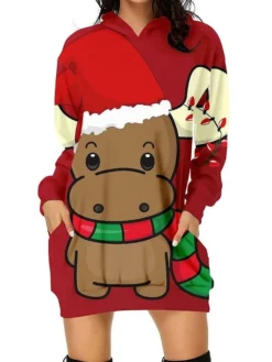 Women's Casual Dress Christmas Dress Hoodie Dress Print Pocket Print Hooded Mini Dress Active Fashion Outdoor Home Long Sleeve Regular Fit Light Pink White Light Green Spring Fall S M L XL XXL