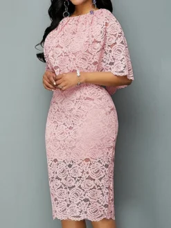 Women‘s Plus Size Curve Flattering Dresses Apple Shaped Dress Wedding Guest Sheath Dress Solid Color Crew Neck Lace Half Sleeve Fall Spring Elegant Knee Length Dress Daily Vacation Dress -HANs Plus Size Style Shop cxfnkq1661325321541