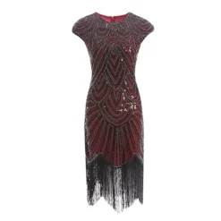 Women's Retro 1920s Fringe Dress Midi Dress Party Holiday Sequins Tassel Fringe Geometric Crewneck Short Sleeve Regular Fit Spring Fall 2023 Silver Black XS S M L -HANs Plus Size Style Shop cxiyrq1692674893965
