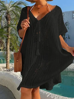 Women's Swimwear Cover Up Beach Dress Normal Swimsuit UV Protection Modest Swimwear Lace Up Knit Pure Color Black Dusty Blue Beige V Wire Bathing Suits New Vacationy / Modern -HANs Plus Size Style Shop cxlmaf1641960063795