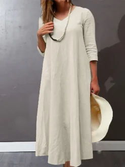 Women's Plus Size Curve Work Dress A Line Dress Fashion Long Dress Maxi Dress Patchwork V Neck 3/4 Length Sleeve Plain Loose Fit Wine Dark Blue Beige Fall L XL XXL 3XL 4XL