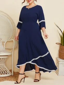 Women's Plus Size Curve Casual Dress Swing Dress A Line Dress Plain Long Dress Maxi Dress 3/4 Length Sleeve Patchwork Plus High Low Crew Neck Fashion Outdoor Dark Blue Fall Winter XL XXL 3XL 4XL -HANs Plus Size Style Shop cxrumo1695266920351