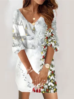 Women‘s Christmas Casual Dress Sweatshirt Dress Mini Dress Fashion Daily Outdoor Vacation V Neck Print Snowman Tree Loose Fit White Blue Green S M L XL XXL -HANs Plus Size Style Shop cxtqec1695027789700